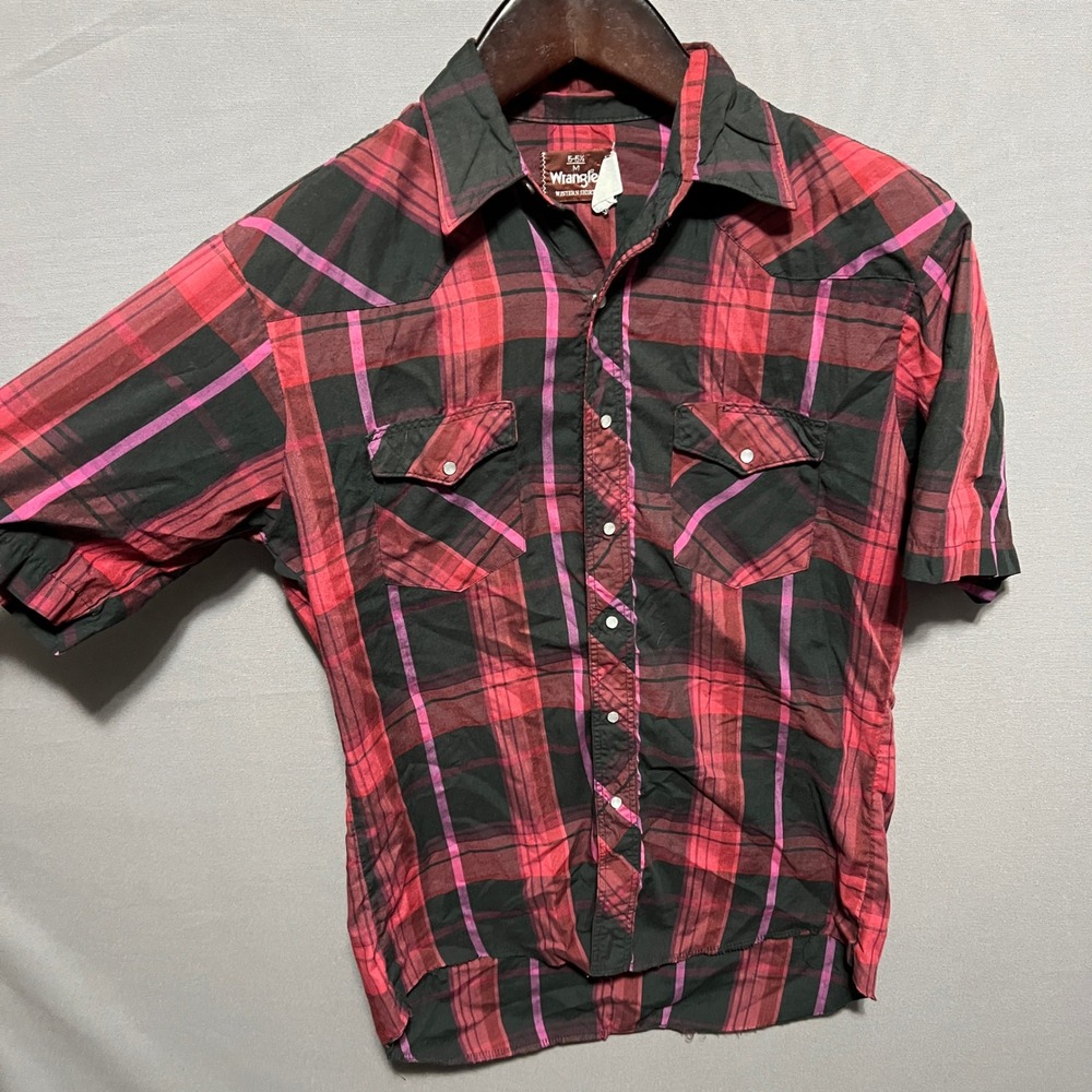 Wrangler Mens Western Pearl Snap Shirt Red Black Purple Plaid Short Sleeve M - Picture 2 of 4